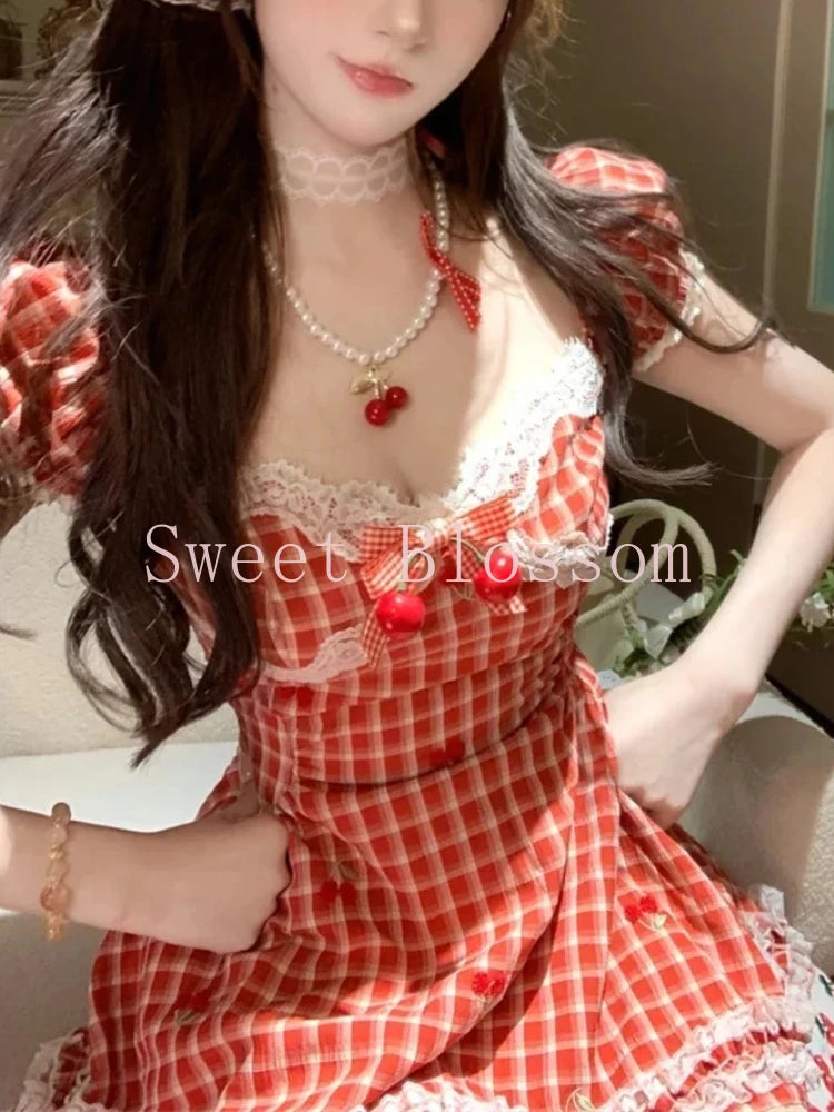 French Elegant Sweet Red Plaid Dress Women New Design Lace Patchwork Kawaii Dresses Harajuku Fashion Y2k Slim Summer Clothing