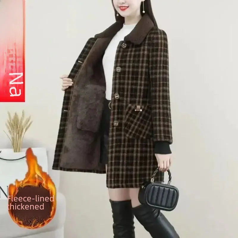 Elegant Fashionable Stylish High-end Medium-length Jacket Integrated Fleece Thickened Overcoat Women's Square Collar Wool Blends