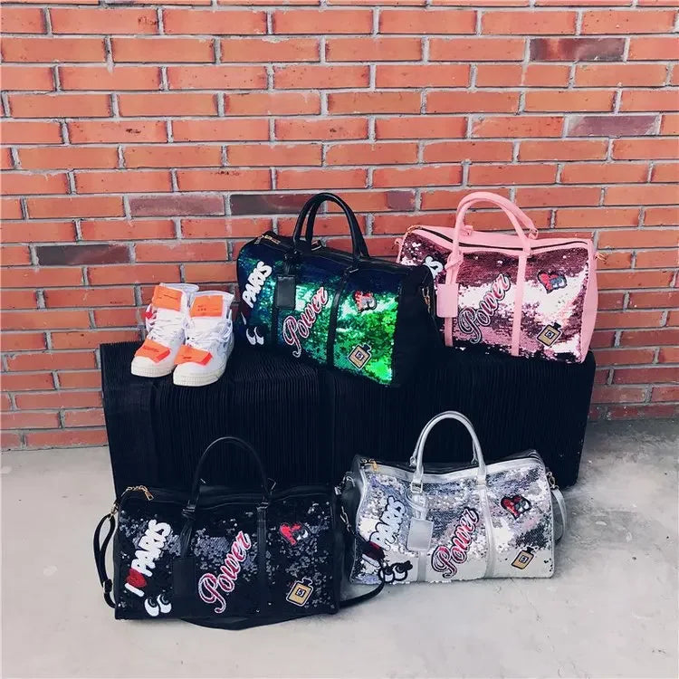 Sequins PU Travel Bag Fashion Sports Large Capacity Shoulder Bag with Separate Shoe Compartment Europe United States Handbag