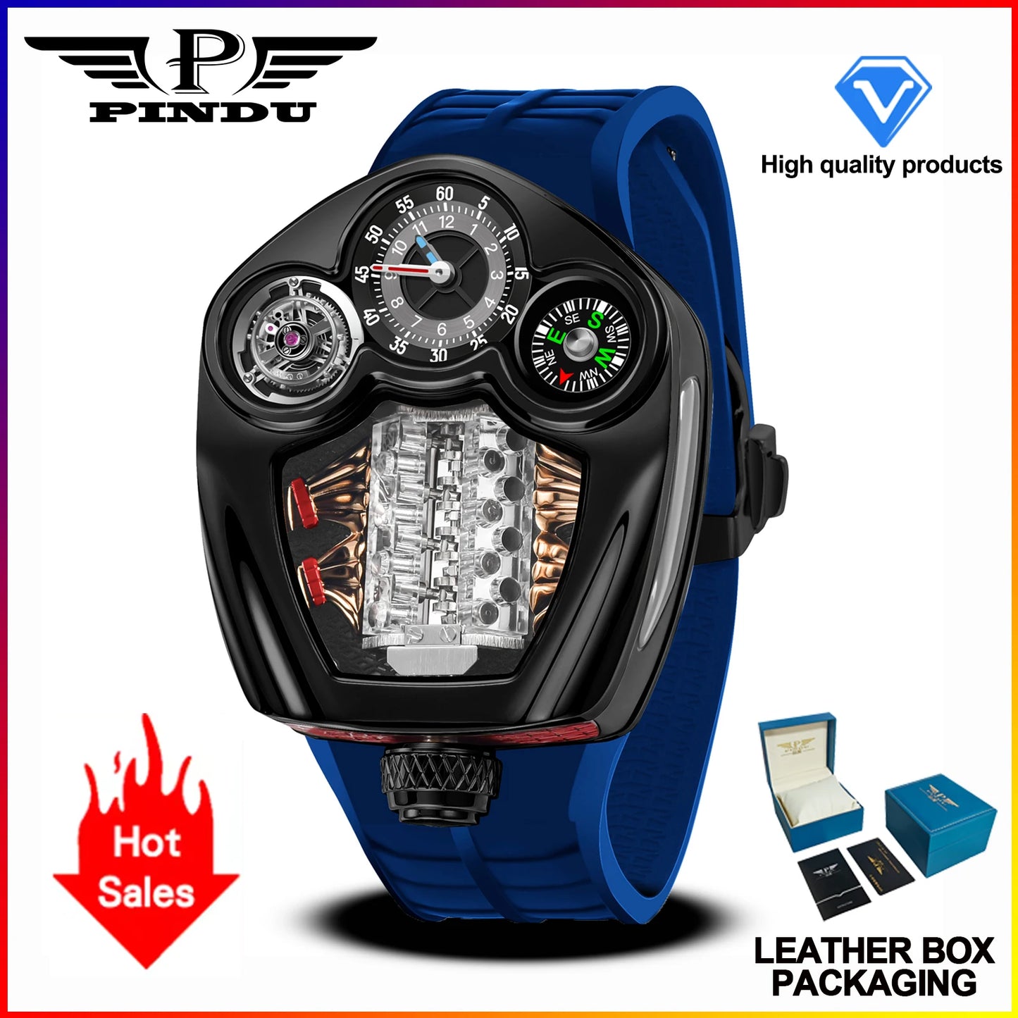 NEW PINDU Design Engine Series Quartz Watch Men TOP-luxurious Stainless steel Compass Waterproof Swiss quartz 762 movement watch
