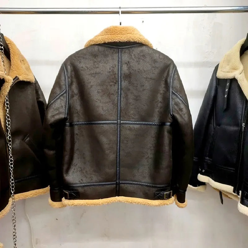 Men's Suede Jaet B3 Flight Suit Lamb Velvet Leather Coat Thiened Motorcycle Jaet Trendy Winter Casual ort Loose Fit