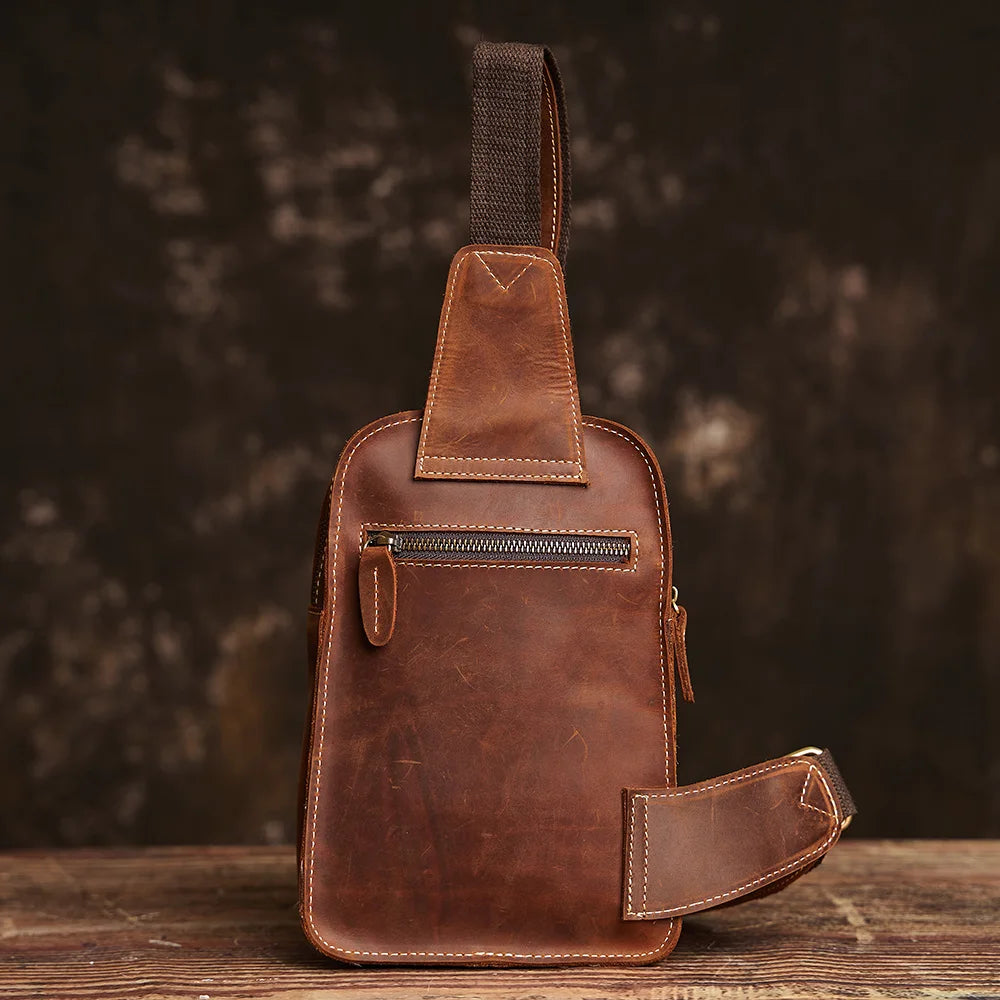 NUPUGOO Genuine Leather Chest Bag Vintage Men's Crossbody Bag Casual Shoulder Bag Daily Commute Small Satchel