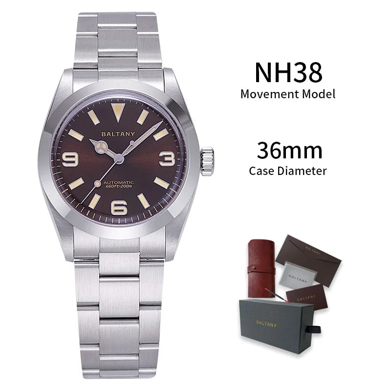 Baltany Vintage Explorer Homage Watches S4056 Sunburst 36mm Stainless Steel Bracelet 200M Luminous Men's Automatic Wristwatch