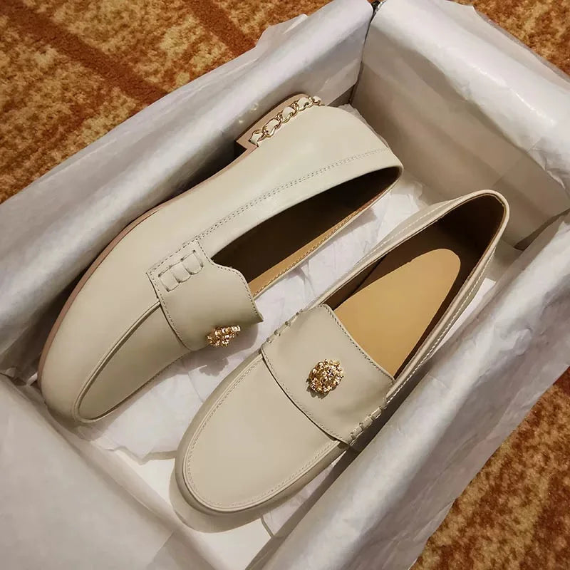 Spring Autumn Women's Loafers Round Toe Women Shoes Lace-Up Genuine Leather Thick Bottom Leather Loafers Shoes For Woman35-41