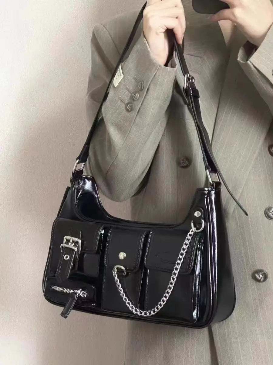 Xiuya Y2k Moto Biker Handbags for Women 2023 Gothic Fashion High Street Shoulder Bag Black Patent Leather Casual Coin Purse