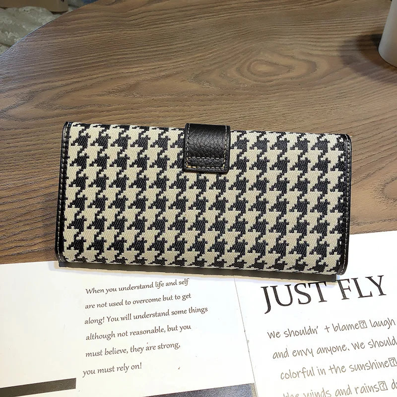 2024 New Genuine Leather Women Wallets Houndstooth Embroidery Long Wallet Excellent Cowhide Billfold For Cell Phone Clutch Bags