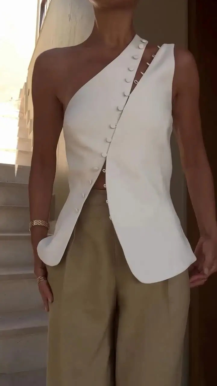 Elegant Women's One Shoulder Waistcoats Slim Skew Collar Sleeveless Single Breasted Split Vests 2025 Summer Lady Street Outwear