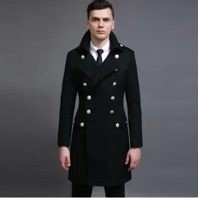Men's Double Breasted Military Army Wool Coat Plus Size Thick Cashmere Work Business Solid Slim Pea Coat Winter Fashion