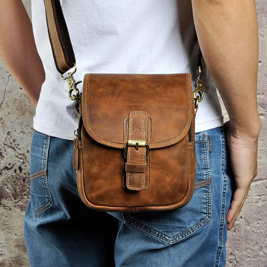 Men Genuine Crazy Horse Leather Waist Pack 7-Inch Vintage Outdoor Hip Bag with Hook Phone Camera Pouch Male Crossbody Bags