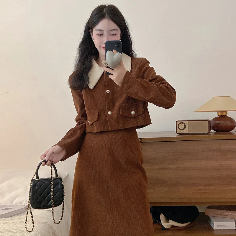 New Women Classic Versatile Outfits Dress Lady Sweet Corduroy Outside Fall Dresses Female French Style Designer Party Dresses