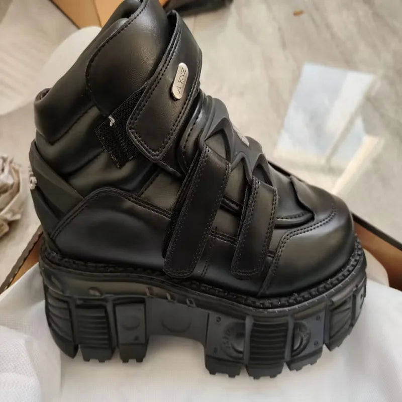 Men's Genuine Leather High-Top Platform Shoes Retro Street Style Dark Punk Muffin Bottom with Metal Accents Unisex