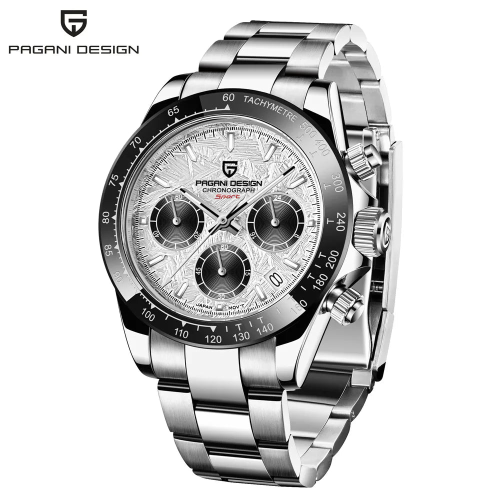 PAGANI DESIGN 2025 New Sport Chronograph Top Brand Luxury Quartz Watch For Men VK63 Automatic date 100M Waterproof Ceramic bezel