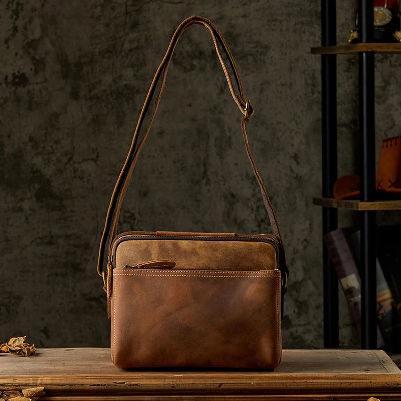 Handmade Vintage Genuine Leather Shoulder Bag For Men Retro Cowhide Leather Messenger Bag Business Office Cross body Satchels