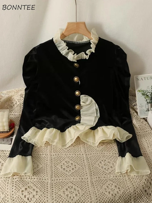 Velvet Jackets for Women Vintage Ruffles Design Temper Fashion French Style Aesthetic Clothes All-match Soft Autumn Winter Mujer