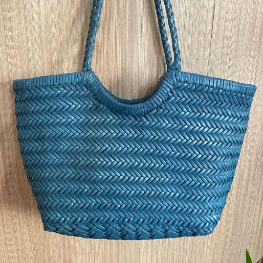 Hand Knitted Designer Genuine Leather Elegant Handle Female Totes Vintage Women's Handbag Cowskin Lady Large Shoulder Bag