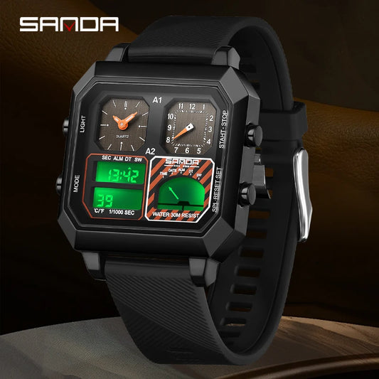 SANDA Three Display Digital Watch Men Electronic Multifunctional Smart Thermometer Luminous Outdoor Sports Waterproof Men Watch