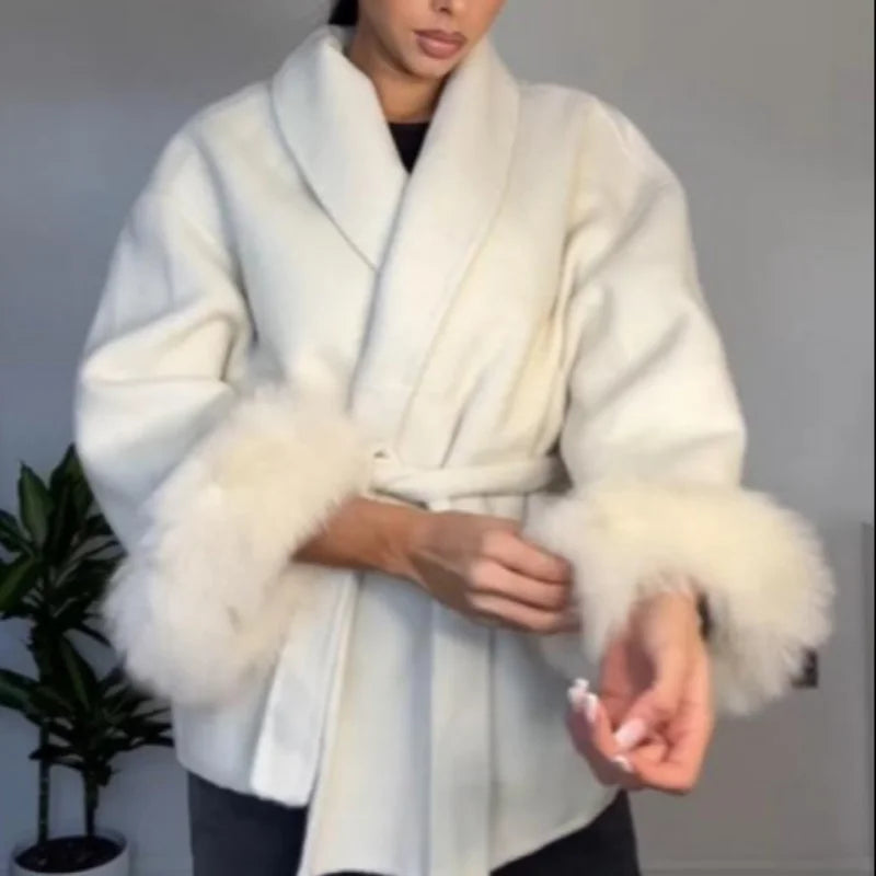 Elegant Lace Up Fur Patchwork Coat Women Loose Solid Long Sleeve V-neck Open Stitch Coats Female 2025 Autumn Fashion Lady Jacket