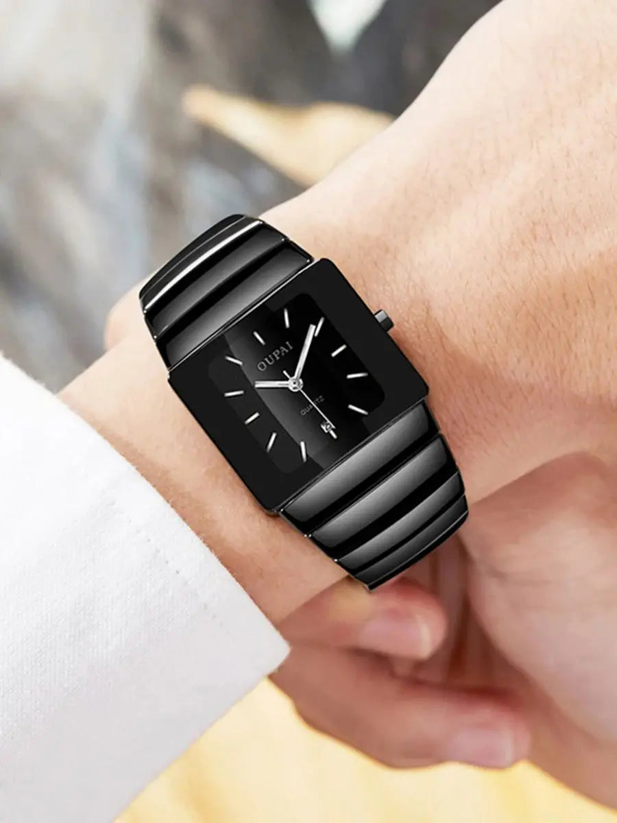 Oupai rectangular black ceramic quartz watch tonneau type watch luminous business simple luxury watch men