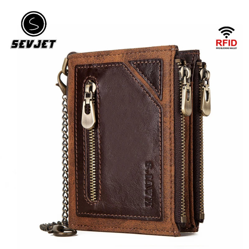 Cowhide Leather Men Short Wallet Zipper Rfid Bifold Coin Purse Credit Card Holder For Male Vintage Chain Clutch Money Bag JYE447