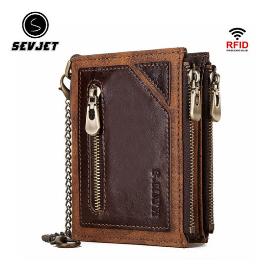 Cowhide Leather Men Short Wallet Zipper Rfid Bifold Coin Purse Credit Card Holder For Male Vintage Chain Clutch Money Bag JYE447