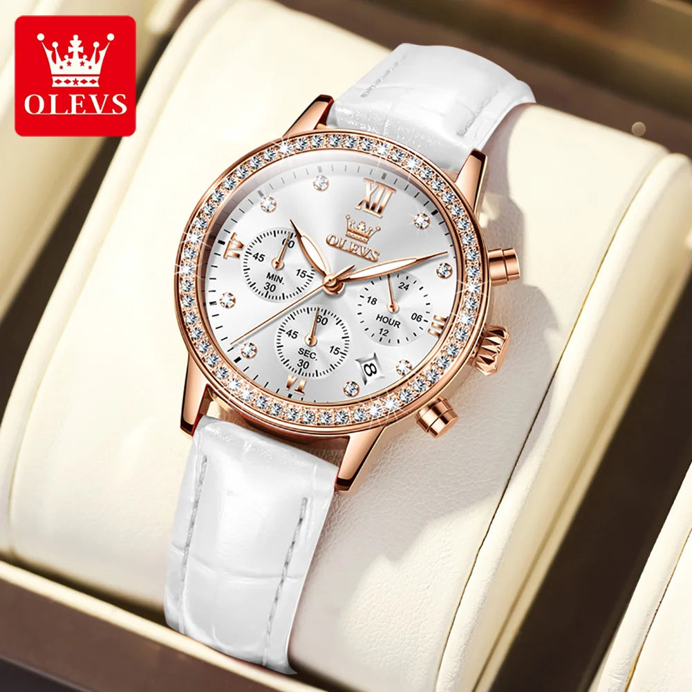 OLEVS 9933 Original Luxury Quartz Watch for Women Fashion Elegant Leater Strap Waterproof Chronogrph Branded Women's Wrist Clock