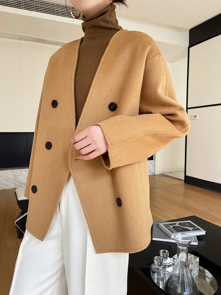 Women 100 Wool Tops Coat Fashion V-neck Short Coats Woolen Jacket Hand Sewing Autumn Winter Wool Blazer Double-Breasted #22