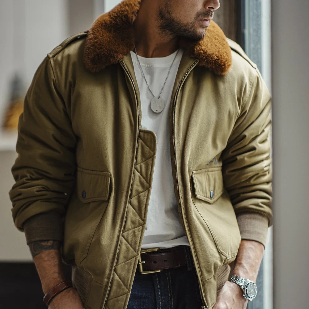 Maden Vintage B10 Bomber Jacket Zippered Cotton Flight Coat with Fur Collar Lapel Pockets Green Cotton Jacket for Men's Winter