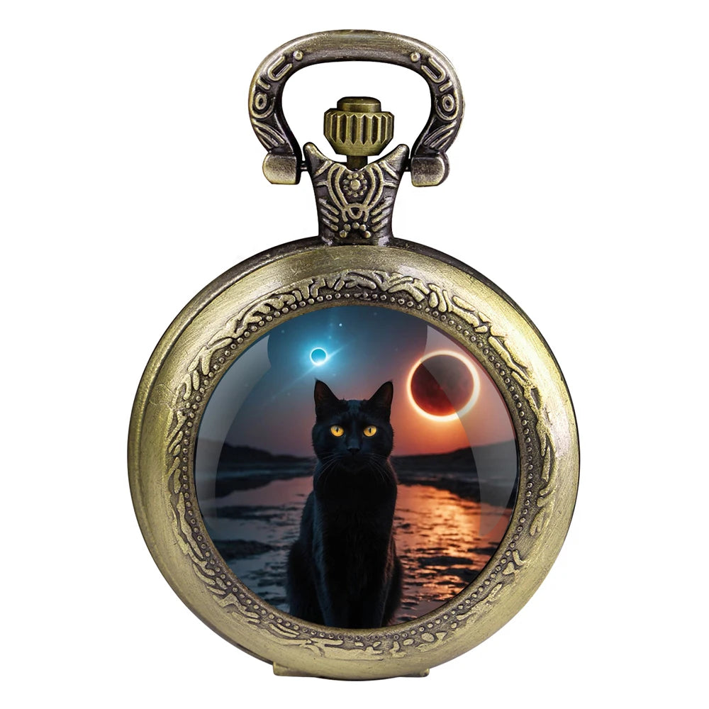 Halloween Black Cat Design Glass Dome Fashion Arabic Numerals Quartz Pocket Watch Necklace Pendant Chain Mens Women Gifts
