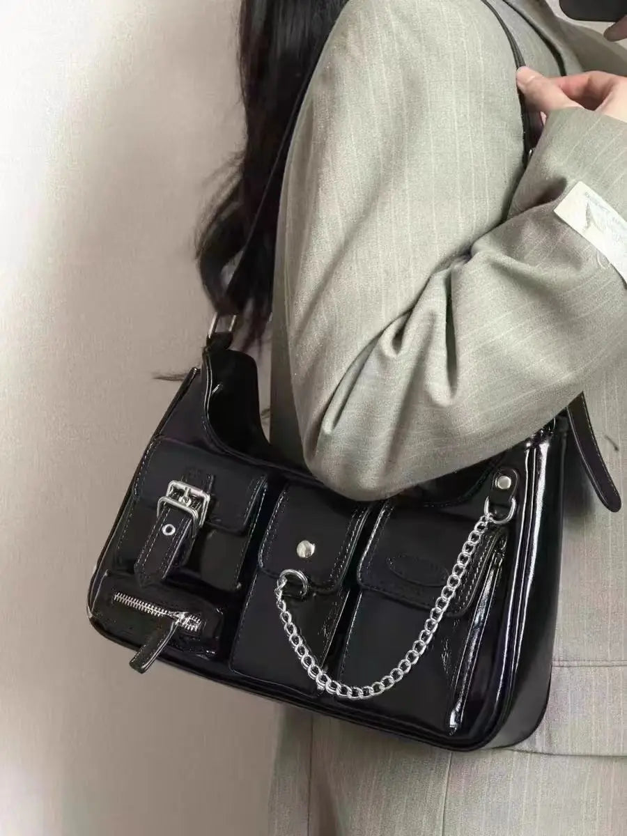 Xiuya Y2k Moto Biker Handbags for Women 2023 Gothic Fashion High Street Shoulder Bag Black Patent Leather Casual Coin Purse