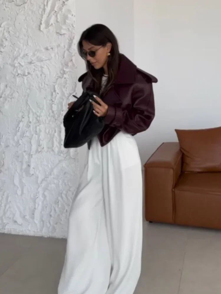 Women's Red Pu Leather Burgundy Solid Lapel Cropped Jacket Female Pockets Long Sleeves Short Coat 2024 Lady Autumn Streetwear