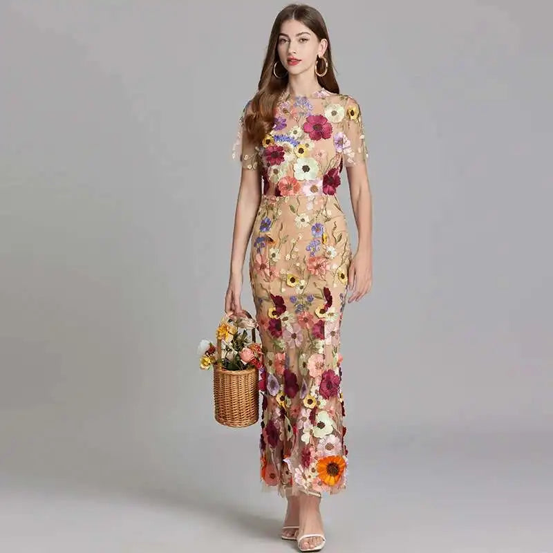 Summer Embroidery Lace Prom Dress Women French Luxury 3D Flower Fishtail Short Sleeve Long Dresses Party Bodycon Holiday Vestido