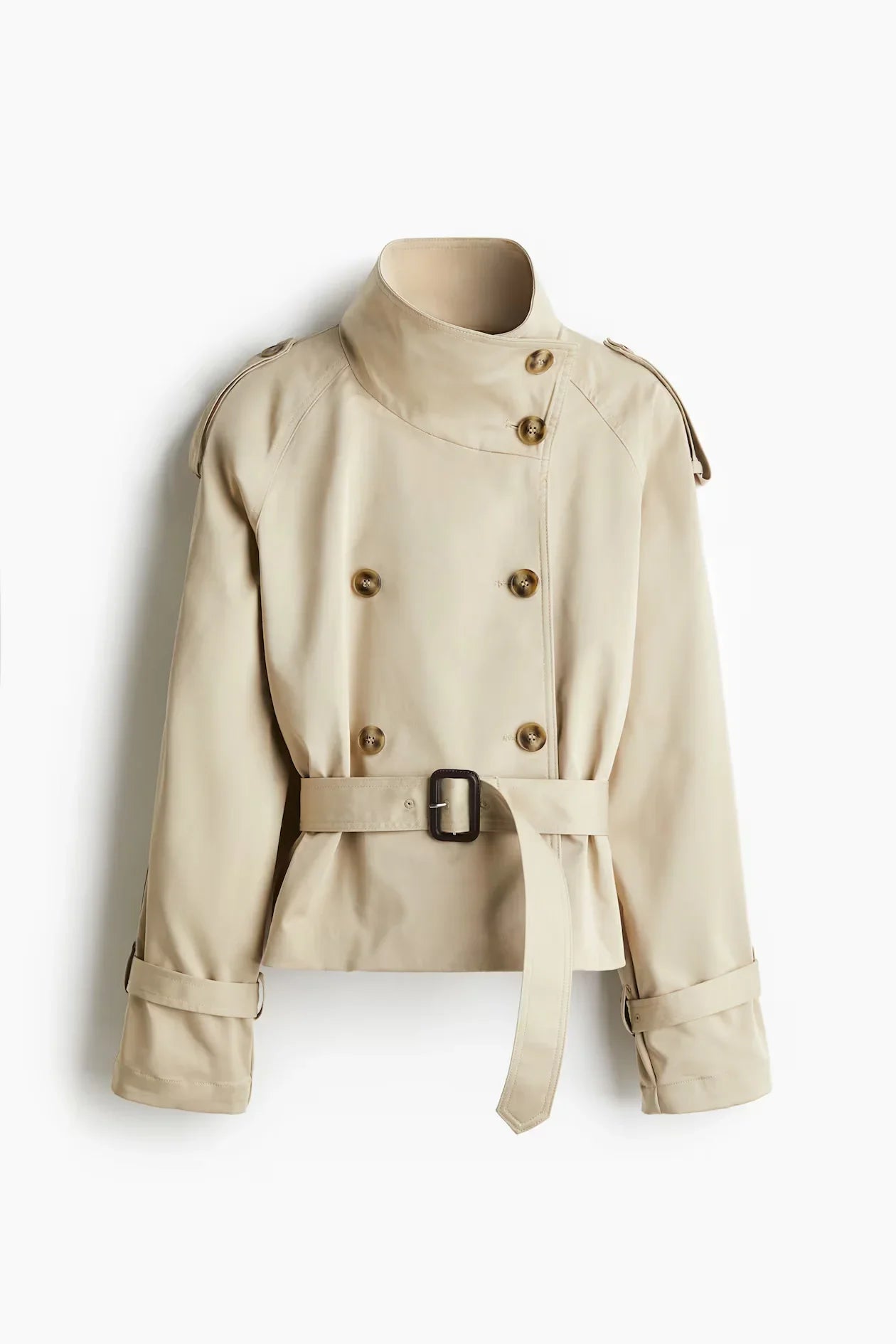 Fashion Women's Short Belt Jackets Turtleneck Double Breasted Full Sleeve Female Trench Coats 2025 Autumn Lady Commute Outwear