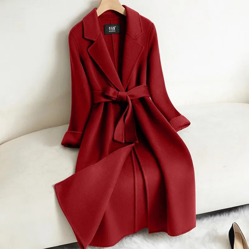Black Double-sided Cashmere Jacket Women's Long Coat 2025 Autumn Winter New Temperament Wool Coats Female Belt Long Overcoat