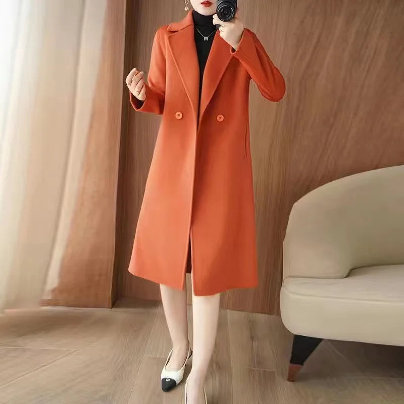 2024 Autumn 100% Double Sided Cashmere Coat Women's Winter New Slim Temperament Wool Coats Solid Casual Female Long Overcoat