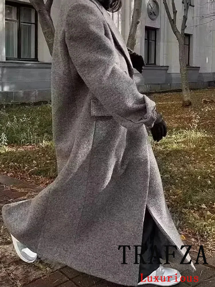 TRAFZA Vintage Casual Chic Solid Women Overcoat Double Breasted Oversized Long Jackets Fashion 2024 Autumn Winter Thick Coats