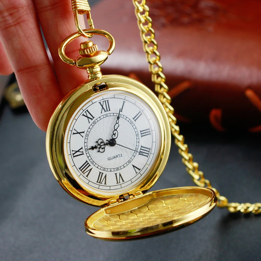 Gold Smooth Simple Digital Display Quartz Pocket Watch Vintage Exquisite Chain Bracelet Necklace Men's and Women's Gift