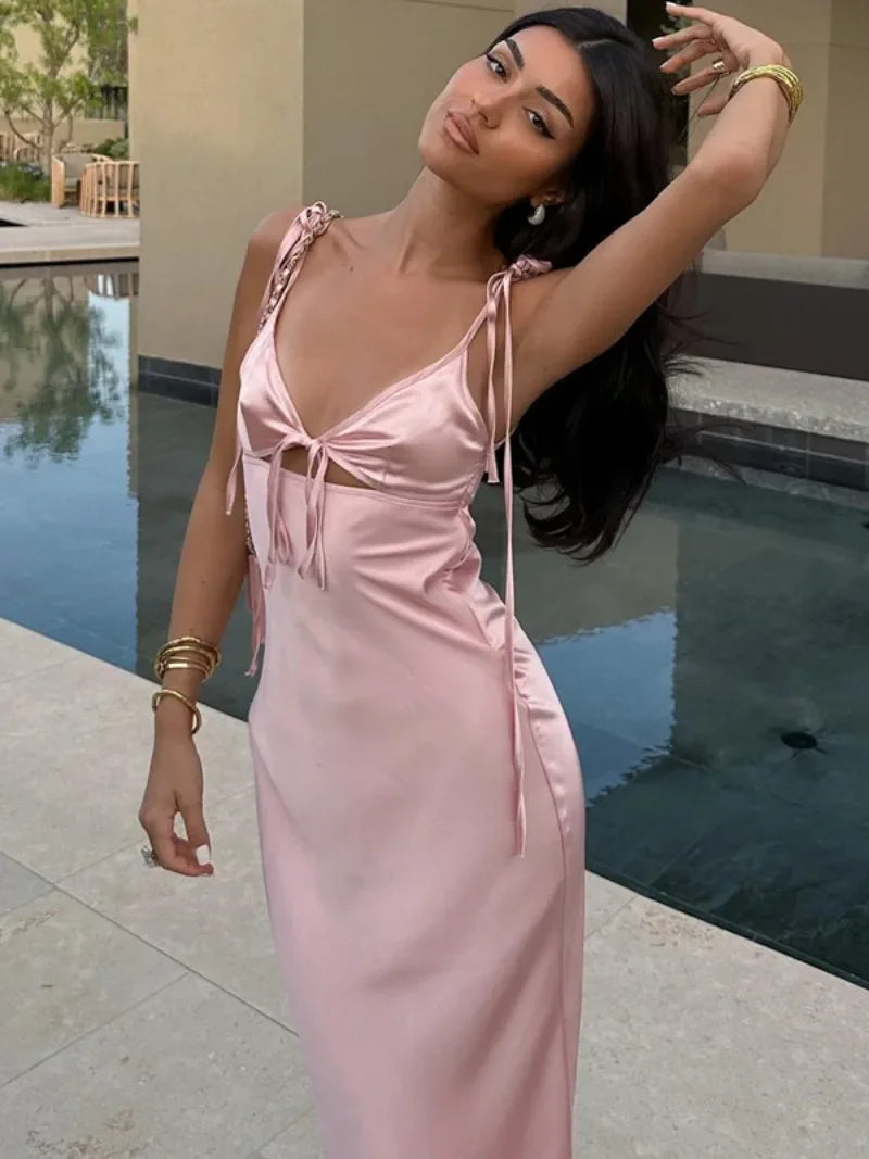 Woman Clothes V-neck Lace-up Backless Pink Holiday Dress Elegant Bandage Hollow Out Solid Long Party Evening Dresses Streetwear