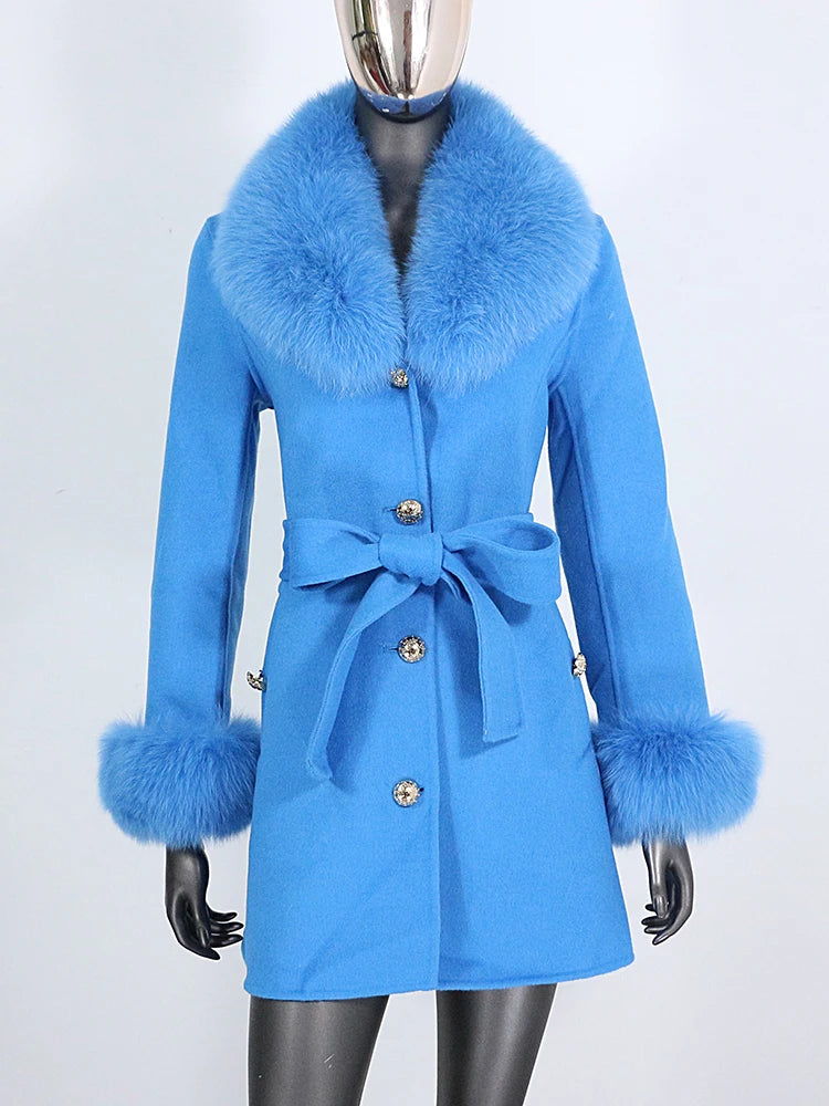 2022 Winter Jacket Women Real Fur Coat Natural Fox Fur Collar Cuffs Belt Cashmere Wool Woolen Warm Outerwear Fashion Streetwear