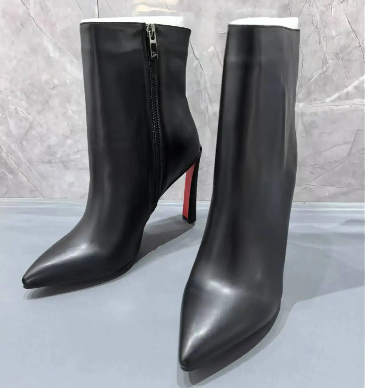 Pointed Toe Black Leather Botas De Mujer Red Sole Mid-Calf Boots For Women Back Zipper Office Lady Career Shoes Female High Heel