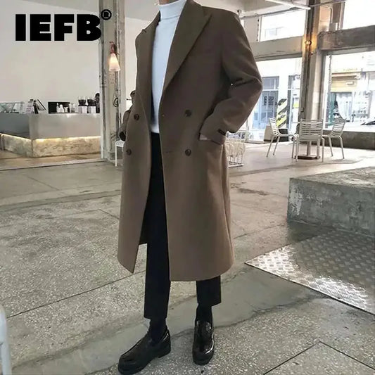 IEFB Korean New Chic Men's Woolen Coat Solid Color Male Overcoat Double Breasted Men Clothing Winter Spring Lapel Trench 9D1681