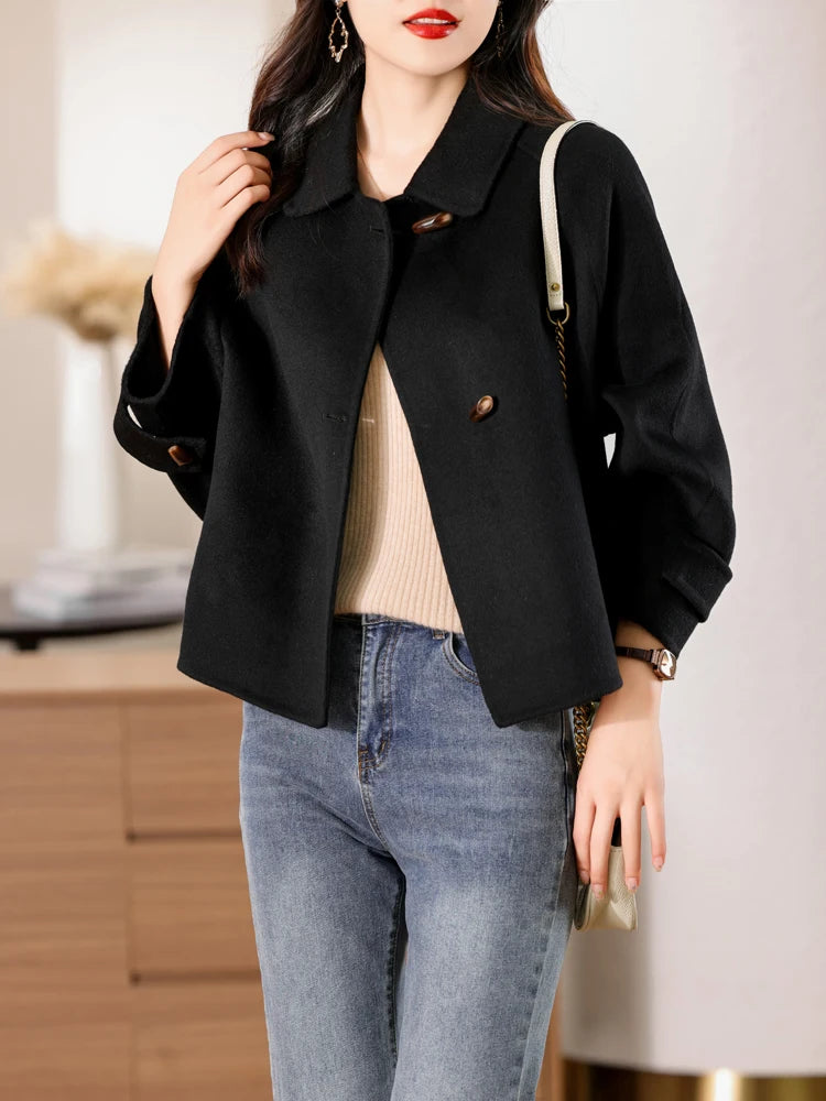 100% Merino Pure Wool Handmade Double-Sided Cloth Chic Coat Women's Short Oxhorn Button Heavy Coat High Street Elegant Top