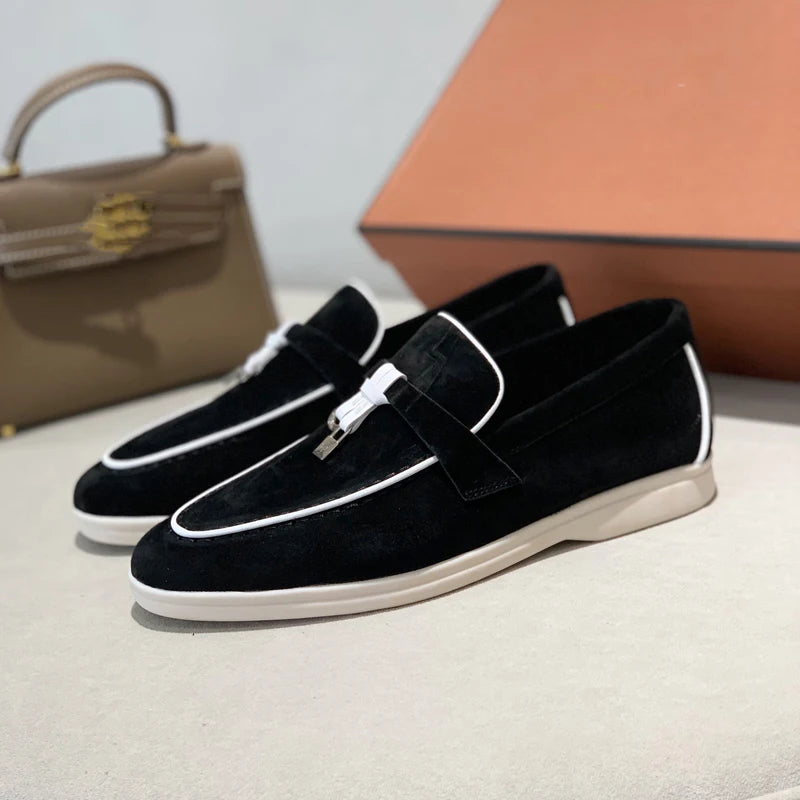 2025 Men's Flat Loafer Summer Top Quality Suede Leather Tassel Metal Buckle Pink Slipper Mules Comfortable Slip on Shoes
