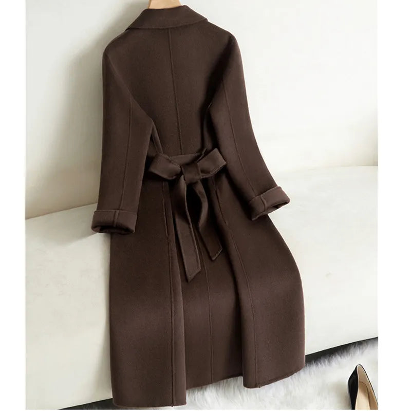 Black Double-sided Cashmere Jacket Women's Long Coat 2025 Autumn Winter New Temperament Wool Coats Female Belt Long Overcoat