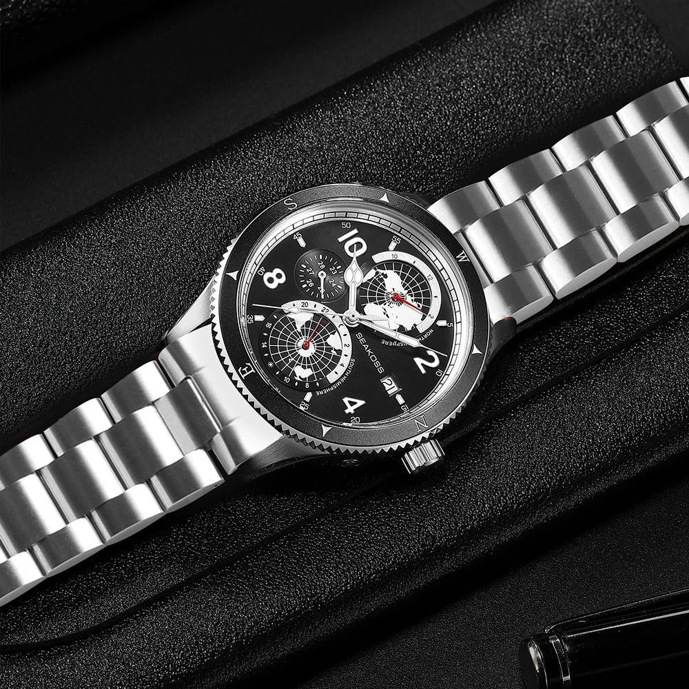 SEAKOSS 100m Diving Mens Earth Automatic Mechanical Watches Super Luminous Sapphire Wristwatches Calendar 24Hours Display Clocks
