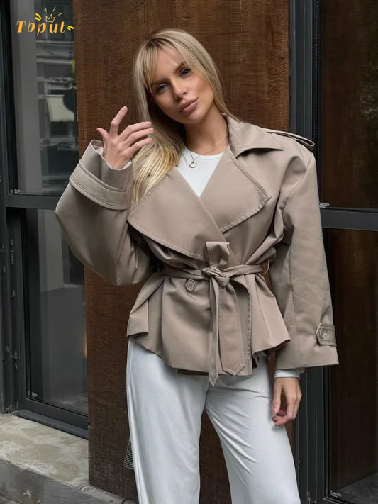 Elegant Solid Lace Up Overcoat Women Chic Full Sleeve Lapel Collar Button Loose Coat Autumn Female Street New Oversize Outerwear