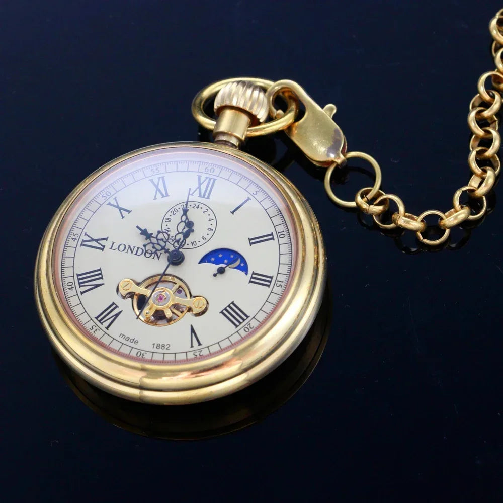 NEW Luxury golden Pure copper Mechanical Pocket Watch Roman Numerals Moon-phase Pocket Clock with Chain