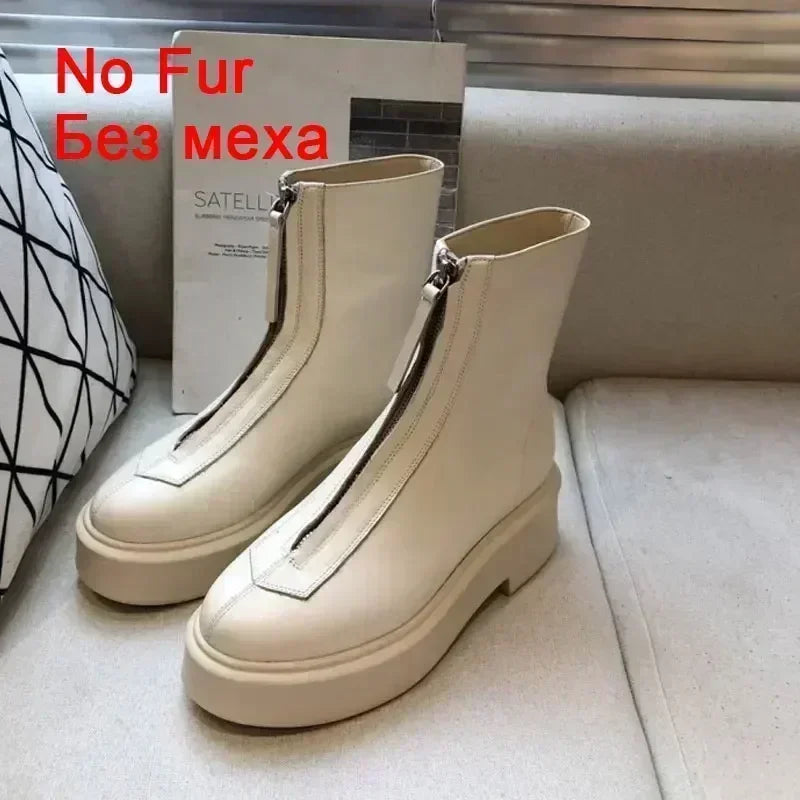 JOZHAMTA Size 34-41 Real Leather Women Ankle High Boots Thick Heels Platform Booties Fall Winter Shoes 2025 Casual Office Dress