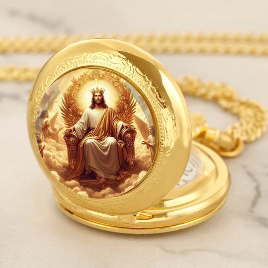Personalised Fashion Golden Stainless Steel Mysterious Jesus Design Quartz Pocket Watch Necklace Women Men Jewelry Pendant Chain