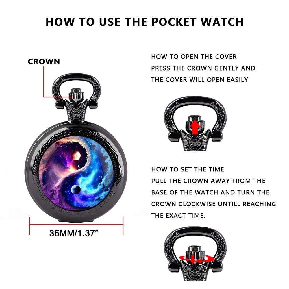 Creative Yin-Yang Planet Dome Quartz Pocket Watch Arabic Numeral Dial Vintage Men Women Necklace Pendant Creative Clock Gifts