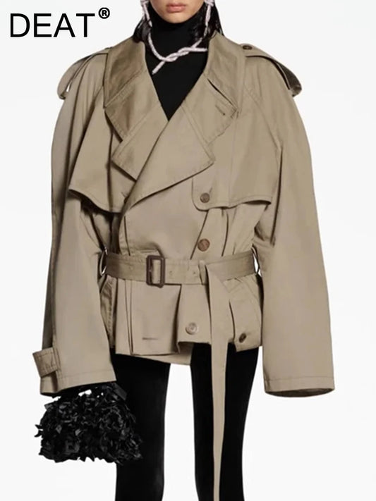 DEAT Fashion Women Cotton Trench Coat Lapel Raglan Sleeve Double Breasted Solid Color Short Windbreaker Autumn 2025 New 7AB1302